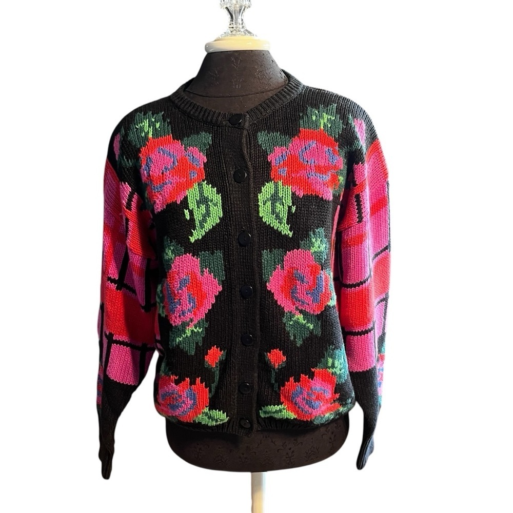 Vintage Gallagher Intarsia Knit Floral Cardigan Medium 1980s Shoulder Pads